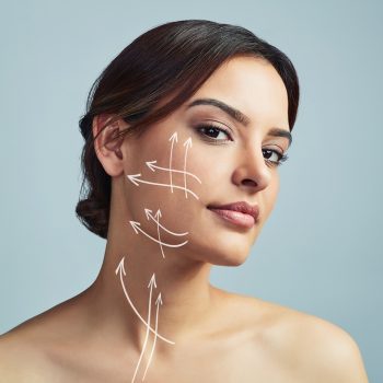 Portrait,,Woman,And,Skincare,With,Arrow,For,Plastic,Surgery,In